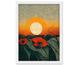 Doppelganger33 LTD Abstract Sunrise Over Poppy Meadow William Morris Style Artwork Framed Wall Art Print A4