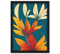 Doppelganger33 LTD Abstract Tropical Leaf Linocut Flowers Blue Gold Artwork Framed Wall Art Print A4