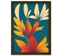 Doppelganger33 LTD Abstract Tropical Leaf Linocut Flowers Blue Gold Artwork Framed Wall Art Print A4