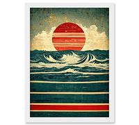 Doppelganger33 LTD Abstract Waves Sunrise Seascape Red Blue Gold Artwork Framed Wall Art Print A4