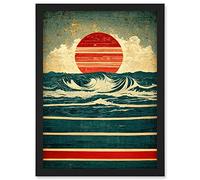 Doppelganger33 LTD Abstract Waves Sunrise Seascape Red Blue Gold Artwork Framed Wall Art Print A4