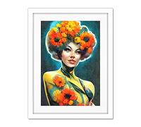 Doppelganger33 LTD Afro Flower Power Watercolour Beautiful Woman Vibrant Floral Artwork Framed Wall Art Print 18X24 Inch