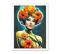 Doppelganger33 LTD Afro Flower Power Watercolour Beautiful Woman Vibrant Floral Artwork Framed Wall Art Print 18X24 Inch