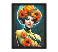 Doppelganger33 LTD Afro Flower Power Watercolour Beautiful Woman Vibrant Floral Artwork Framed Wall Art Print 18X24 Inch