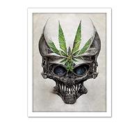 Doppelganger33 LTD Alien Skull With Marijuana Leaf Colour Pencil Illustration Artwork Framed Wall Art Print 18X24 Inch