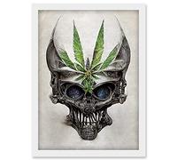 Doppelganger33 LTD Alien Skull With Marijuana Leaf Colour Pencil Illustration Artwork Framed Wall Art Print A4
