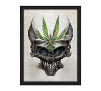 Doppelganger33 LTD Alien Skull with Marijuana Leaf Colour Pencil Illustration Artwork Framed Wall Art Print 18X24 inch