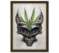 Doppelganger33 LTD Alien Skull With Marijuana Leaf Colour Pencil Illustration Artwork Framed Wall Art Print A4
