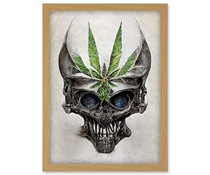 Doppelganger33 LTD Alien Skull With Marijuana Leaf Colour Pencil Illustration Artwork Framed Wall Art Print A4