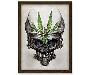 Doppelganger33 LTD Alien Skull With Marijuana Leaf Colour Pencil Illustration Artwork Framed Wall Art Print A4