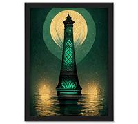 Doppelganger33 LTD Art Deco Lighthouse Great Gatsby Moonlight Emerald Artwork Framed A3 Wall Art Print