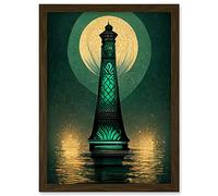 Doppelganger33 LTD Art Deco Lighthouse Great Gatsby Moonlight Emerald Artwork Framed A3 Wall Art Print