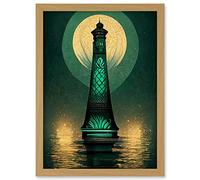 Doppelganger33 LTD Art Deco Lighthouse Great Gatsby Moonlight Emerald Artwork Framed A3 Wall Art Print