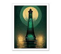 Doppelganger33 LTD Art Deco Lighthouse Great Gatsby Moonlight Emerald Artwork Framed Wall Art Print 18X24 Inch