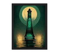 Doppelganger33 LTD Art Deco Lighthouse Great Gatsby Moonlight Emerald Artwork Framed Wall Art Print 18X24 Inch