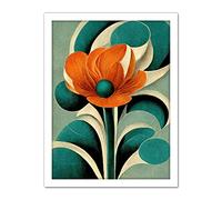 Doppelganger33 LTD Art Deco Poppy Flower Teal Orange Cream Artwork Framed Wall Art Print 18X24 Inch