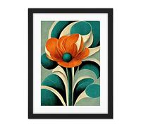 Doppelganger33 LTD Art Deco Poppy Flower Teal Orange Cream Artwork Framed Wall Art Print 18X24 Inch