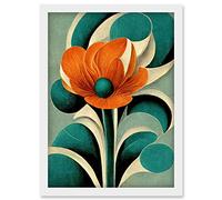 Doppelganger33 LTD Art Deco Poppy Flower Teal Orange Cream Artwork Framed Wall Art Print A4