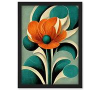 Doppelganger33 LTD Art Deco Poppy Flower Teal Orange Cream Artwork Framed Wall Art Print A4