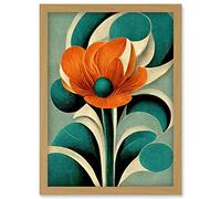 Doppelganger33 LTD Art Deco Poppy Flower Teal Orange Cream Artwork Framed Wall Art Print A4