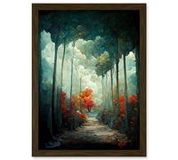 Doppelganger33 LTD Autumn Forest Path Landscape Scene Painting Artwork Framed Wall Art Print A4
