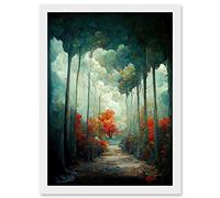 Doppelganger33 LTD Autumn Forest Path Landscape Scene Painting Artwork Framed Wall Art Print A4