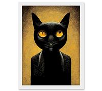 Doppelganger33 LTD Black Cat Le Chat Noir Modern Mustard Artwork Framed A3 Wall Art Print