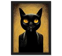 Black Cat Le Chat Noir Modern Mustard Artwork Framed Wall Art Print A4 Artery8 Black One Size
