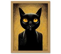 Doppelganger33 LTD Black Cat Le Chat Noir Modern Mustard Artwork Framed Wall Art Print A4