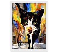 Doppelganger33 LTD Black Street Cat Walking Bright Neighbourhood Night Artwork Framed A3 Wall Art Print