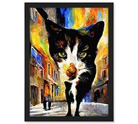 Doppelganger33 LTD Black Street Cat Walking Bright Neighbourhood Night Artwork Framed A3 Wall Art Print