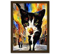 Doppelganger33 LTD Black Street Cat Walking Bright Neighbourhood Night Artwork Framed A3 Wall Art Print