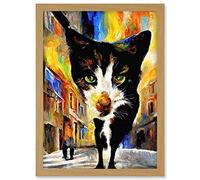 Doppelganger33 LTD Black Street Cat Walking Bright Neighbourhood Night Artwork Framed A3 Wall Art Print