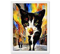Doppelganger33 LTD Black Street Cat Walking Bright Neighbourhood Night Artwork Framed Wall Art Print A4