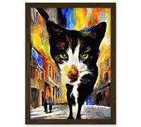 Doppelganger33 LTD Black Street Cat Walking Bright Neighbourhood Night Artwork Framed Wall Art Print A4
