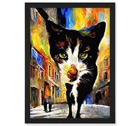Doppelganger33 LTD Black Street Cat Walking Bright Neighbourhood Night Artwork Framed Wall Art Print A4