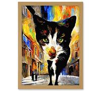Doppelganger33 LTD Black Street Cat Walking Bright Neighbourhood Night Artwork Framed Wall Art Print A4