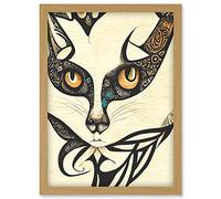 Doppelganger33 LTD Boho Cat Face Tribal Patterns Sketch Abstract Illustration Artwork Framed Wall Art Print A4