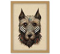 Doppelganger33 LTD Boho Terrier Dog With Tribal Patterns Striped Face Artwork Framed Wall Art Print A4