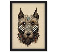 Doppelganger33 LTD Boho Terrier Dog With Tribal Patterns Striped Face Artwork Framed Wall Art Print A4