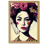 Doppelganger33 LTD Boho Woman With Flowers Headdress Modern Artwork Framed Wall Art Print A4