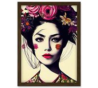 Doppelganger33 LTD Boho Woman With Flowers Headdress Modern Artwork Framed Wall Art Print A4