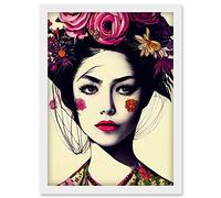 Doppelganger33 LTD Boho Woman With Flowers Headdress Modern Artwork Framed Wall Art Print A4