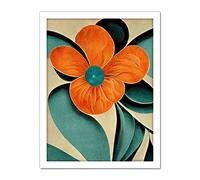 Doppelganger33 LTD Bold Art Deco Flowers Teal Orange Cream Poppy Artwork Framed Wall Art Print 18X24 Inch