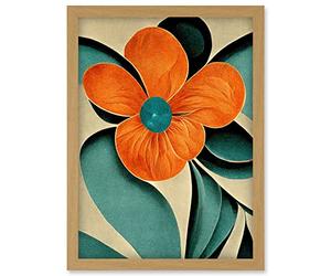 Doppelganger33 LTD Bold Art Deco Flowers Teal Orange Cream Poppy Artwork Framed Wall Art Print A4