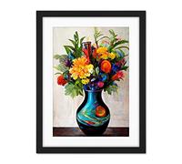 Doppelganger33 LTD Boldly Coloured Flower Bouquet In Decorative Vase Artwork Framed Wall Art Print 18X24 Inch