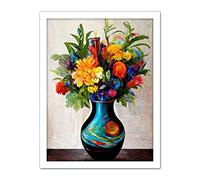 Doppelganger33 LTD Boldly Coloured Flower Bouquet In Decorative Vase Artwork Framed Wall Art Print 18X24 Inch