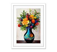 Doppelganger33 LTD Boldly Coloured Flower Bouquet In Decorative Vase Artwork Framed Wall Art Print 18X24 Inch