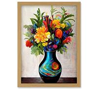 Doppelganger33 LTD Boldly Coloured Flower Bouquet In Decorative Vase Artwork Framed Wall Art Print A4