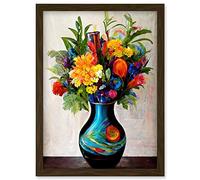 Doppelganger33 LTD Boldly Coloured Flower Bouquet In Decorative Vase Artwork Framed Wall Art Print A4
